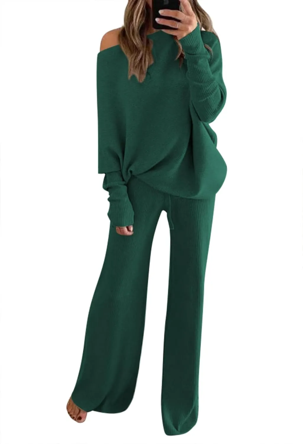 AOHITE Womens 2 Piece Outfits One-Shoulder Knit Pullover Sweaters Top Wide Leg Pants Sets Sweatsuit Tracksuit