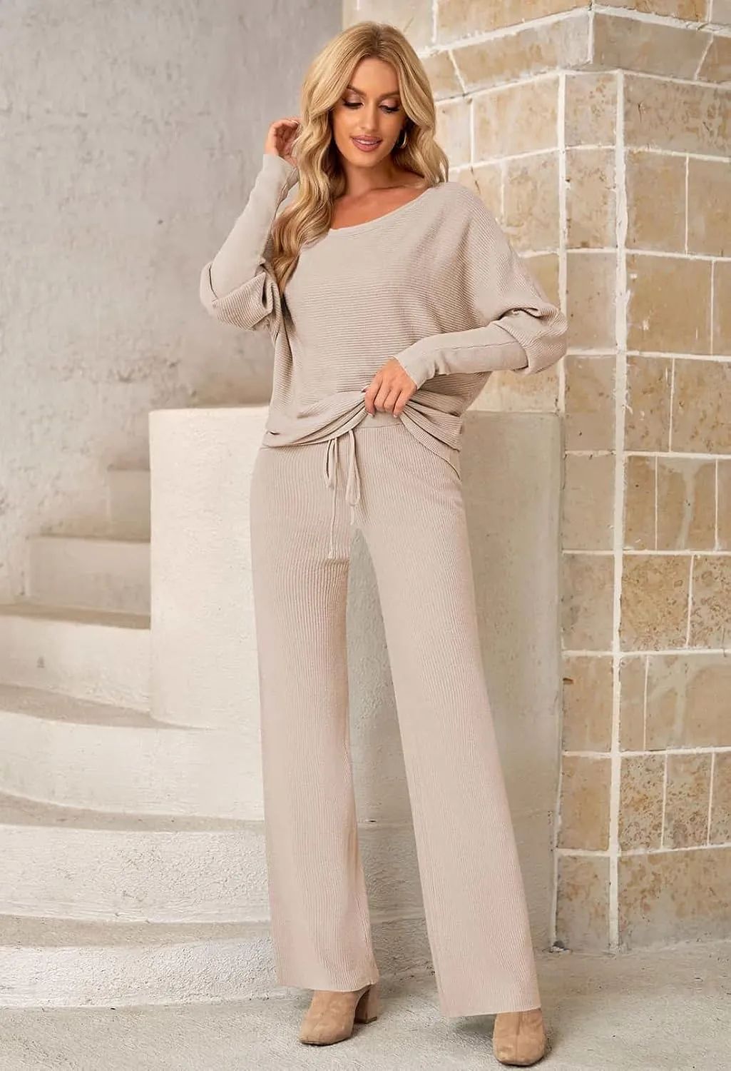 AOHITE Womens 2 Piece Outfits One-Shoulder Knit Pullover Sweaters Top Wide Leg Pants Sets Sweatsuit Tracksuit