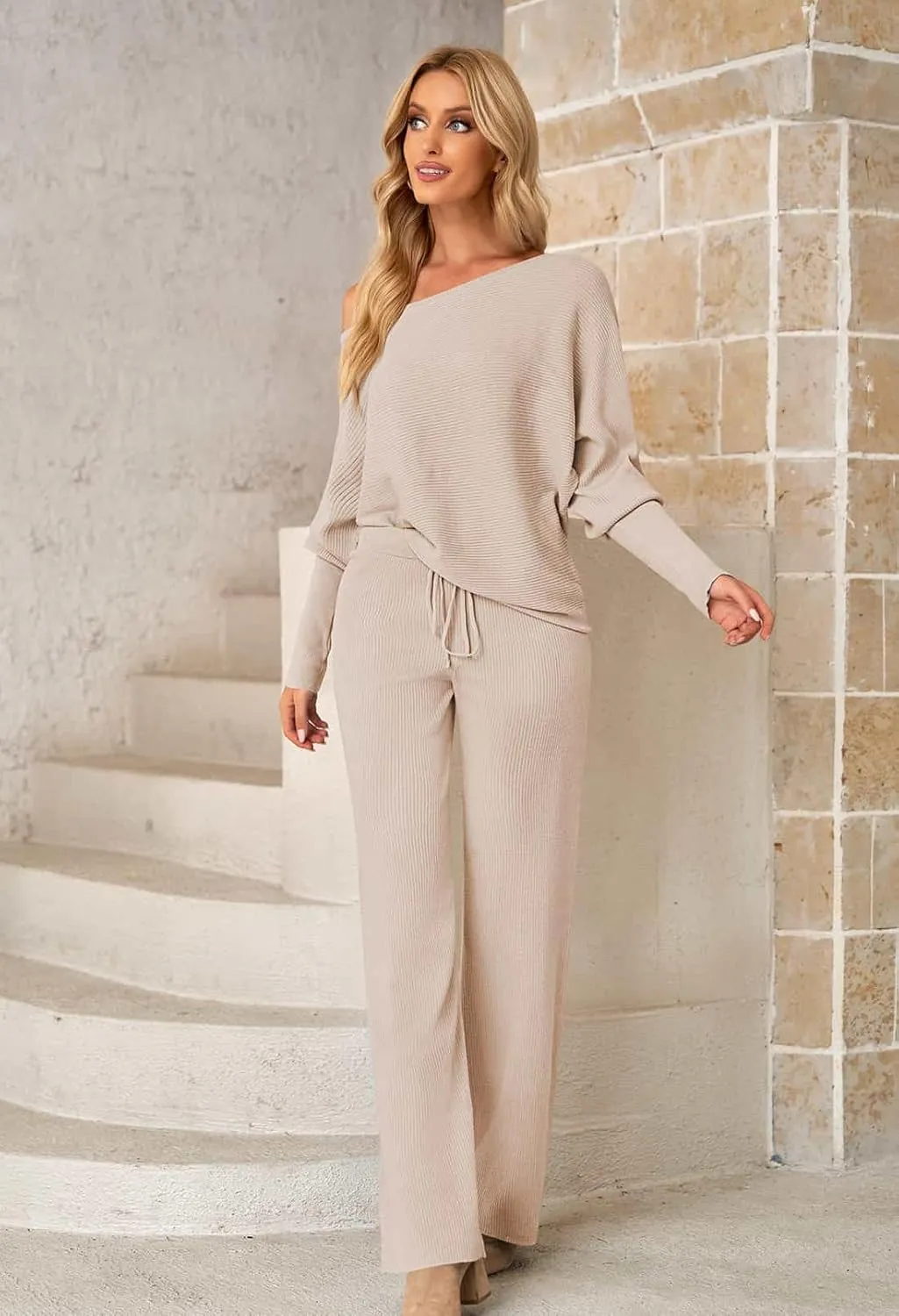 AOHITE Womens 2 Piece Outfits One-Shoulder Knit Pullover Sweaters Top Wide Leg Pants Sets Sweatsuit Tracksuit