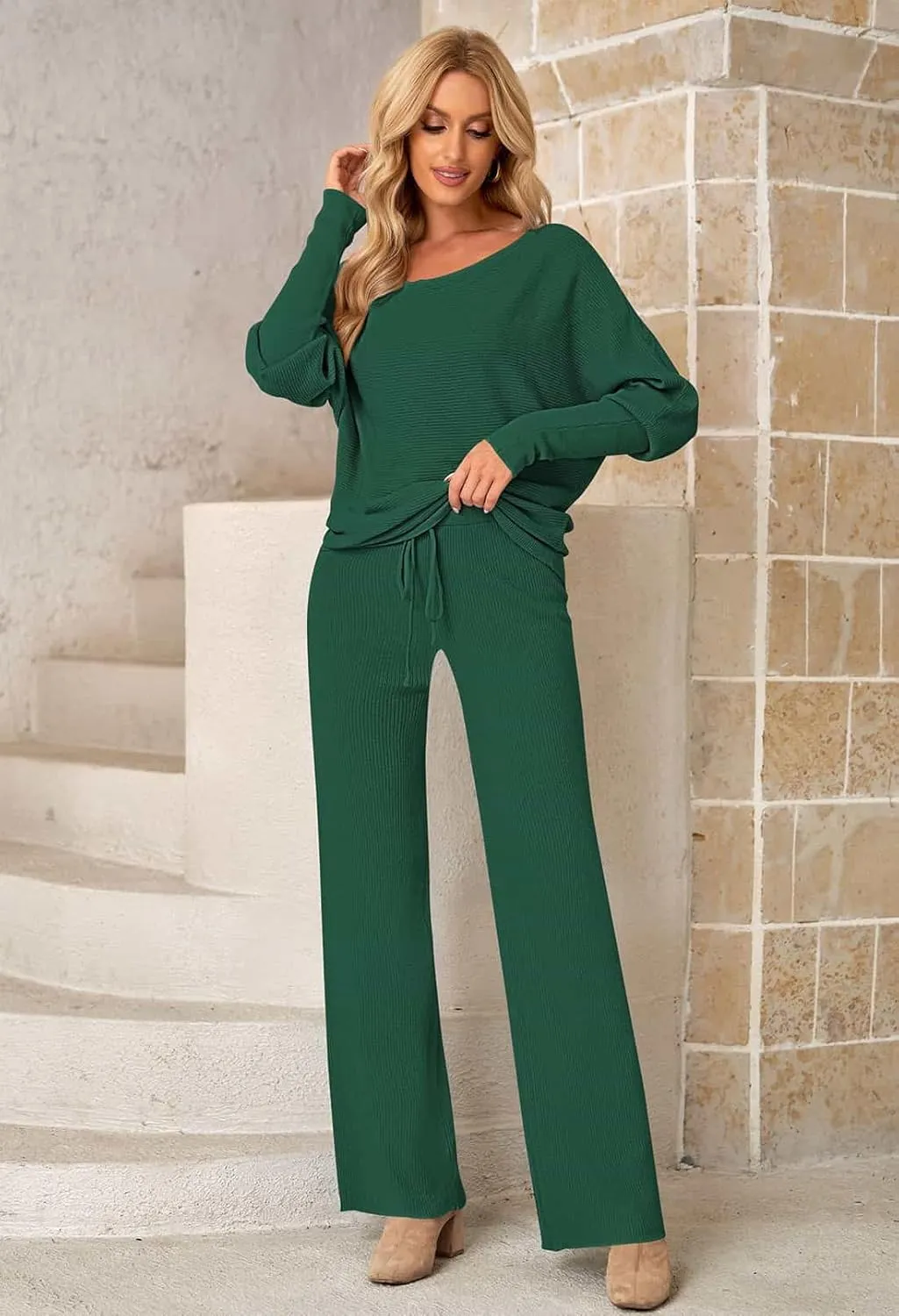 AOHITE Womens 2 Piece Outfits One-Shoulder Knit Pullover Sweaters Top Wide Leg Pants Sets Sweatsuit Tracksuit