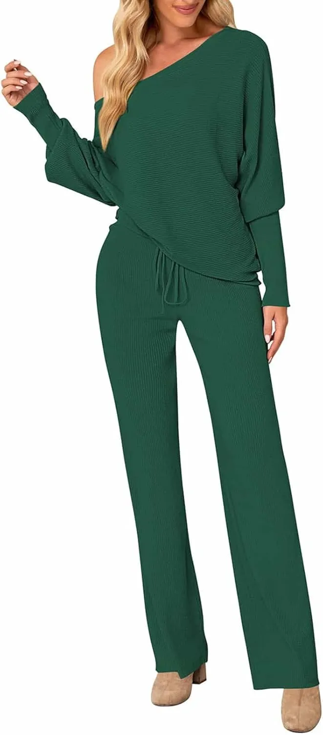 AOHITE Womens 2 Piece Outfits One-Shoulder Knit Pullover Sweaters Top Wide Leg Pants Sets Sweatsuit Tracksuit