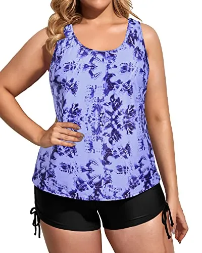 Athletic Plus Size Women's 3 Piece Tankini Swimsuits With Bikini Top And Boyshorts-Blue Tie Dye