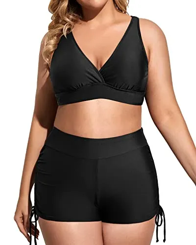 Athletic Plus Size Women's 3 Piece Tankini Swimsuits With Bikini Top And Boyshorts-Blue Tie Dye