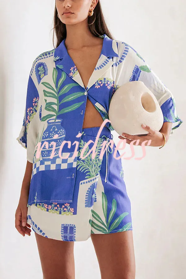 Balmy Summer Nights Unique Print Loose Shirt and Elastic Waist Wrap Lace-up Skirt Set