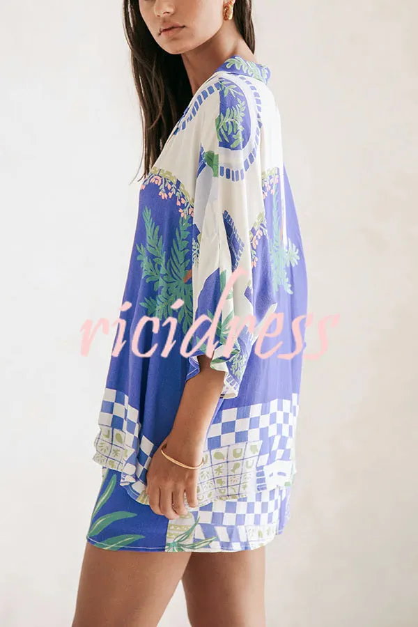 Balmy Summer Nights Unique Print Loose Shirt and Elastic Waist Wrap Lace-up Skirt Set