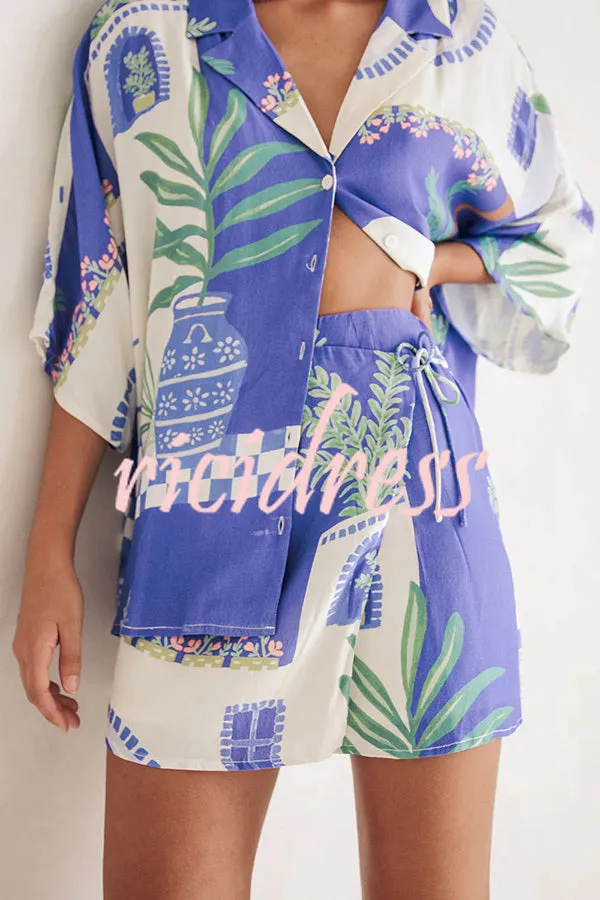Balmy Summer Nights Unique Print Loose Shirt and Elastic Waist Wrap Lace-up Skirt Set