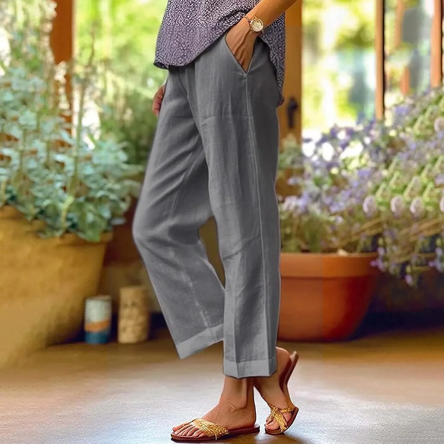 Beach Vacation Solid Elastic Pants Long Drawstring Linen Women Waist Cotton Casual Pants Lightweight Elastic Waist