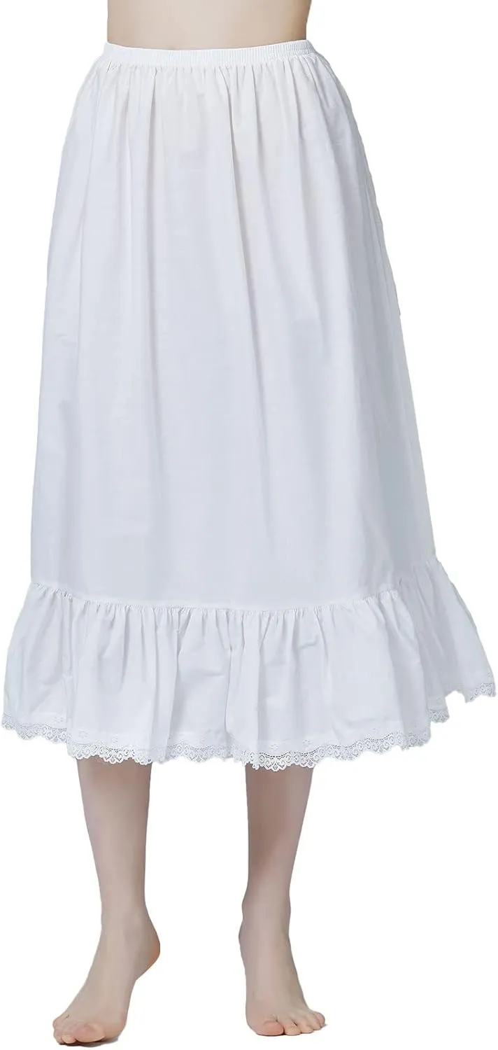BEAUTELICATE Women Half Slip 100% Cotton Underskirt Skirt Extender with Ruffle Lace Trim Long Skirt