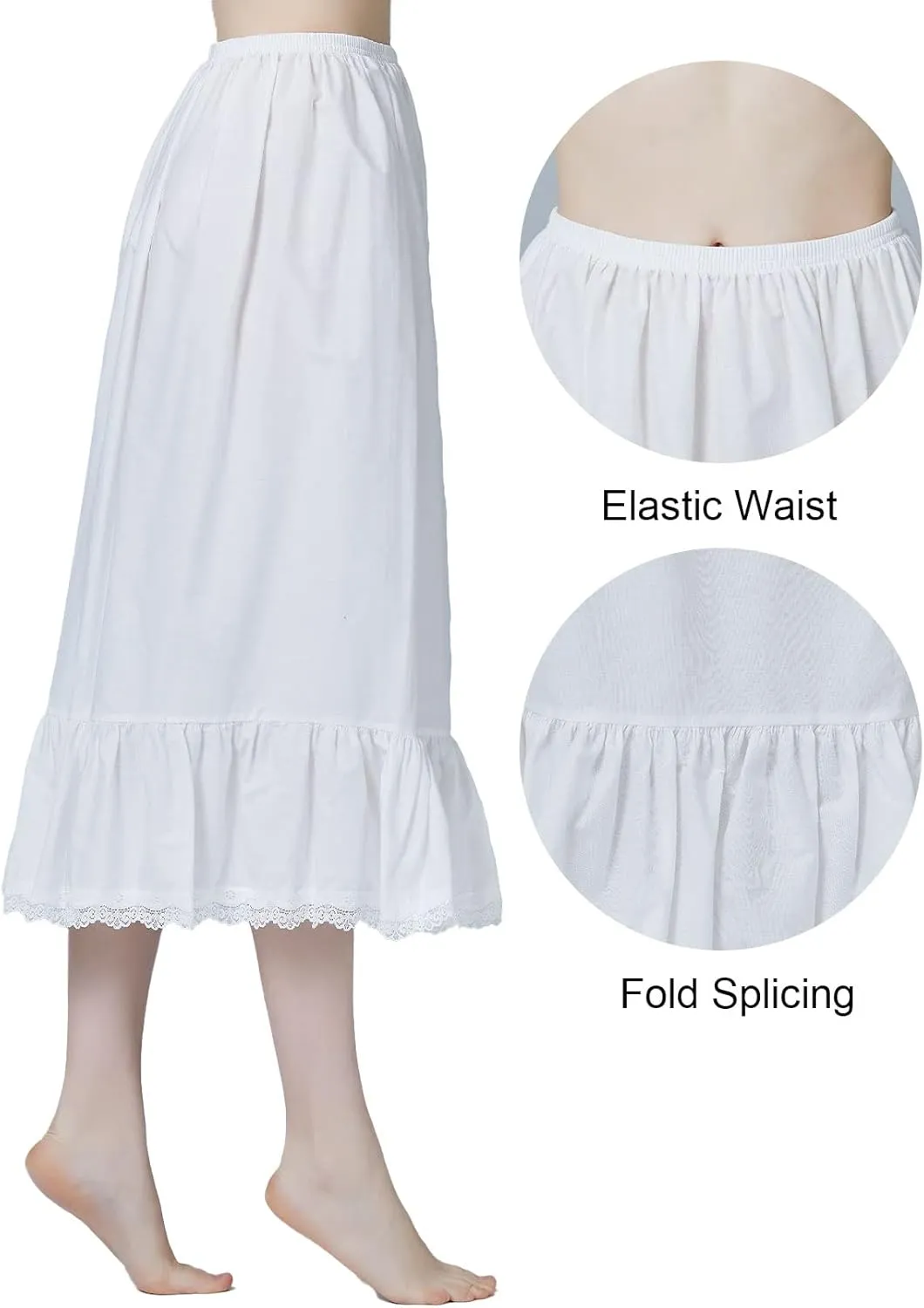 BEAUTELICATE Women Half Slip 100% Cotton Underskirt Skirt Extender with Ruffle Lace Trim Long Skirt