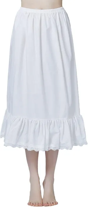 BEAUTELICATE Women Half Slip 100% Cotton Underskirt Skirt Extender with Ruffle Lace Trim Long Skirt
