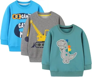 BeiVSlley Toddler Boys 3 Pack Cotton Pullover Crewneck Sweatshirt Long Sleeve Cartoon Shirt Sweaters Tops