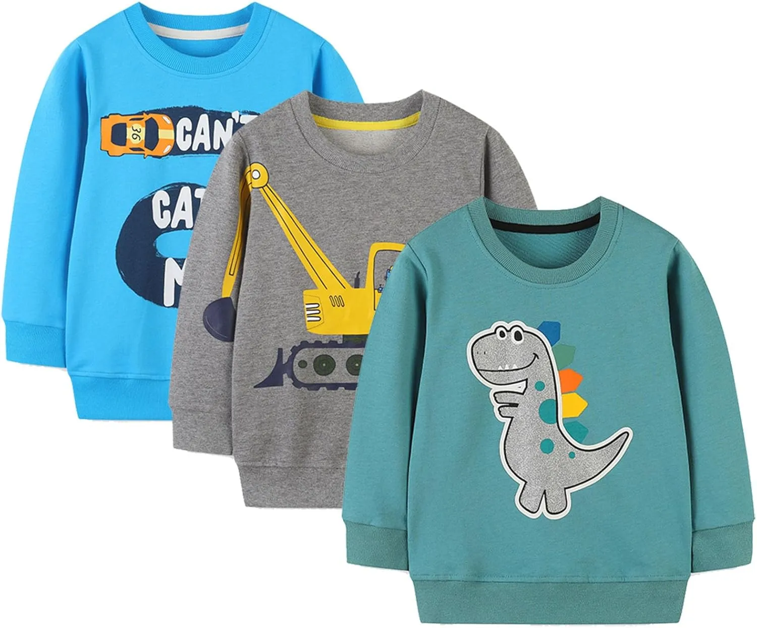 BeiVSlley Toddler Boys 3 Pack Cotton Pullover Crewneck Sweatshirt Long Sleeve Cartoon Shirt Sweaters Tops
