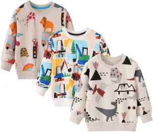 BeiVSlley Toddler Boys 3 Pack Cotton Pullover Crewneck Sweatshirt Long Sleeve Cartoon Shirt Sweaters Tops