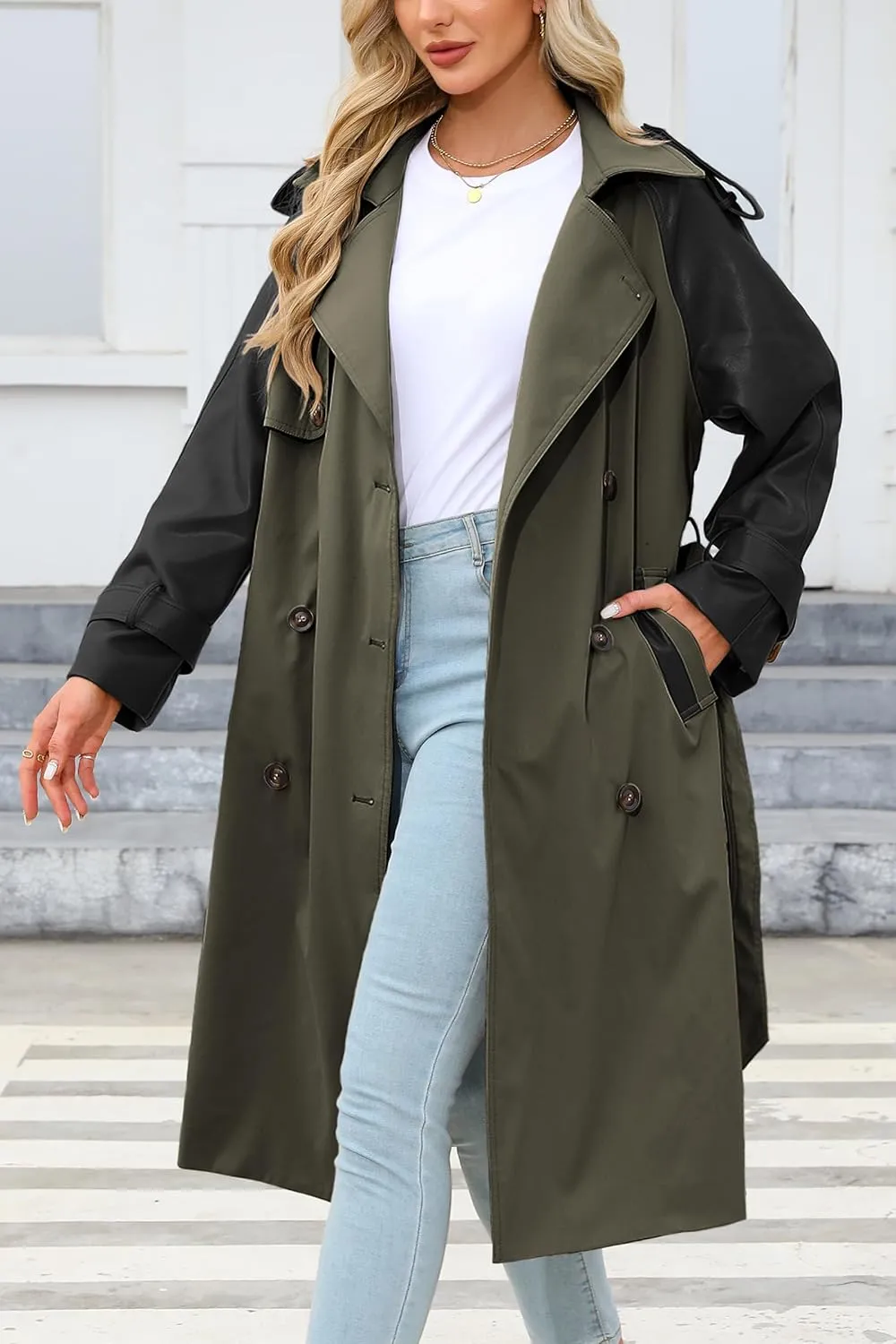 Bellivera Women Trench Coat Long Loose Jacket Faux PU Leather Oversize Classic Lapel Overcoat with Belt