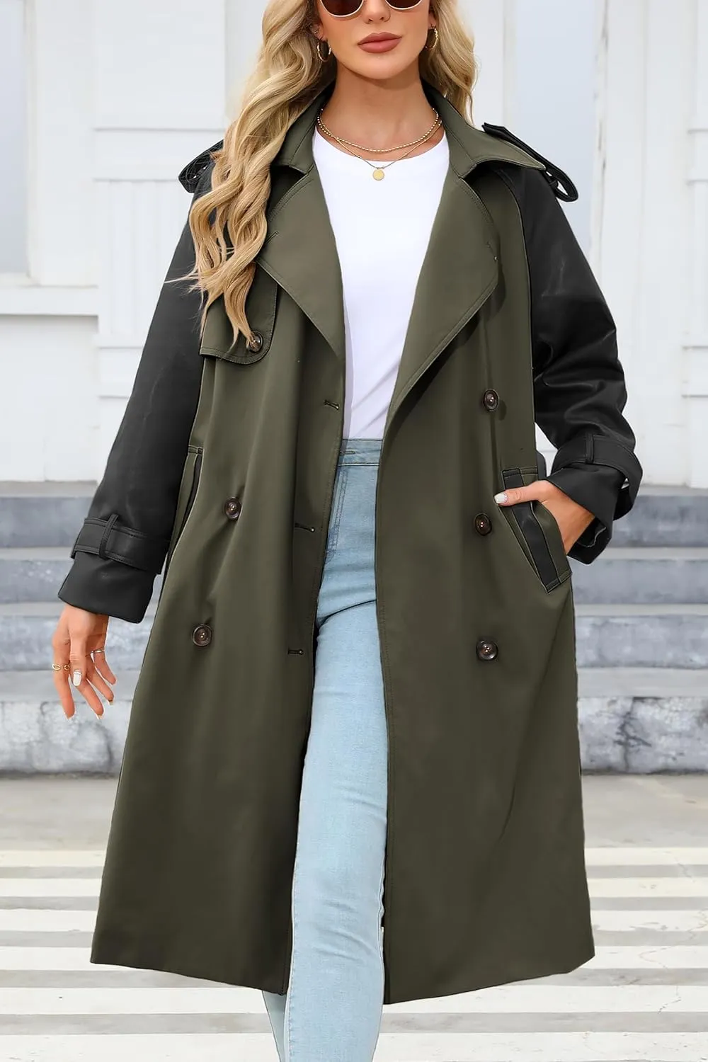 Bellivera Women Trench Coat Long Loose Jacket Faux PU Leather Oversize Classic Lapel Overcoat with Belt