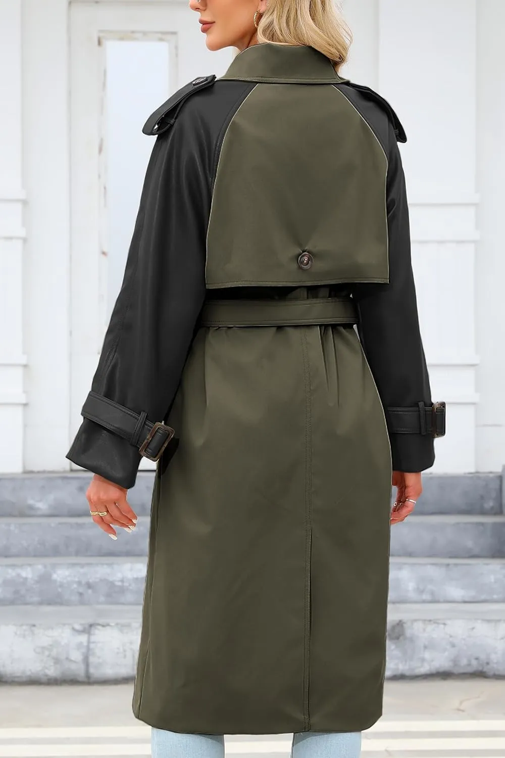 Bellivera Women Trench Coat Long Loose Jacket Faux PU Leather Oversize Classic Lapel Overcoat with Belt