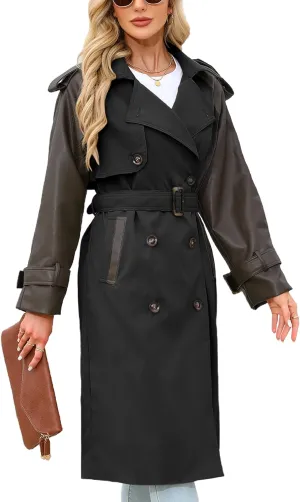 Bellivera Women Trench Coat Long Loose Jacket Faux PU Leather Oversize Classic Lapel Overcoat with Belt