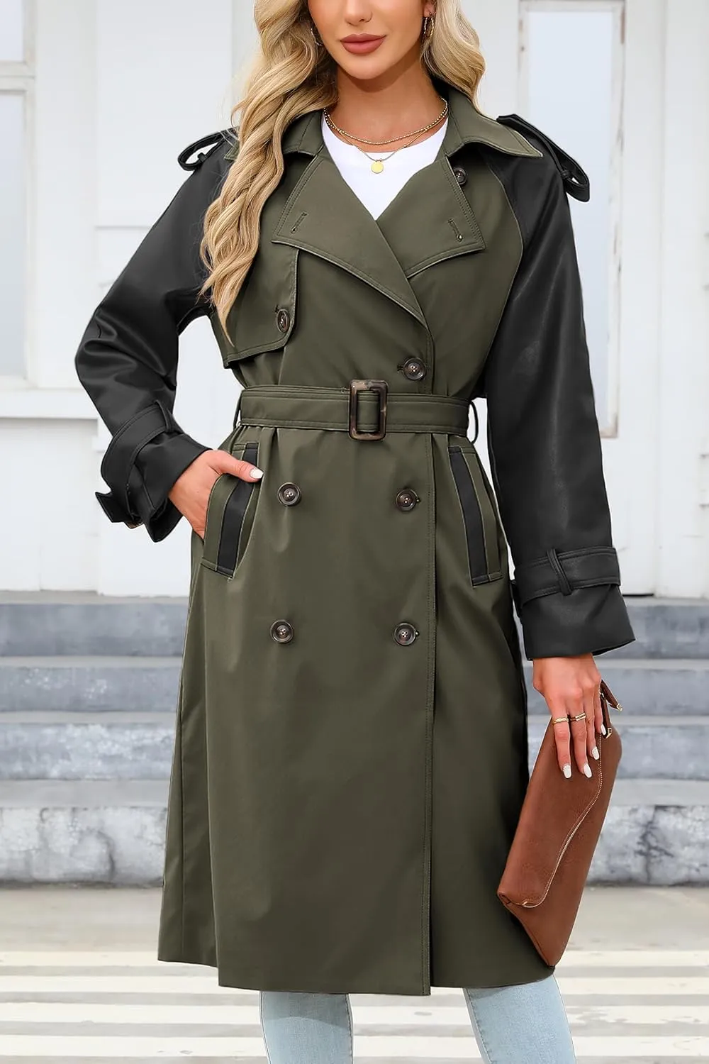 Bellivera Women Trench Coat Long Loose Jacket Faux PU Leather Oversize Classic Lapel Overcoat with Belt