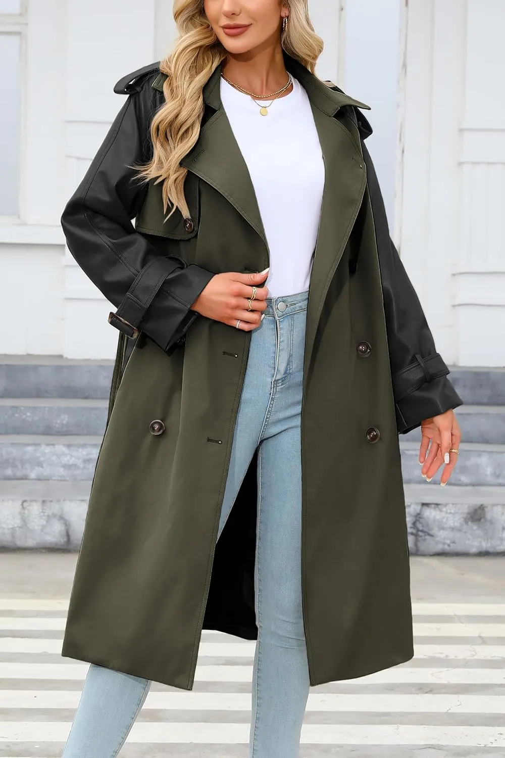 Bellivera Women Trench Coat Long Loose Jacket Faux PU Leather Oversize Classic Lapel Overcoat with Belt