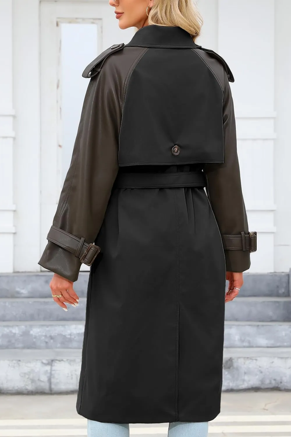 Bellivera Women Trench Coat Long Loose Jacket Faux PU Leather Oversize Classic Lapel Overcoat with Belt