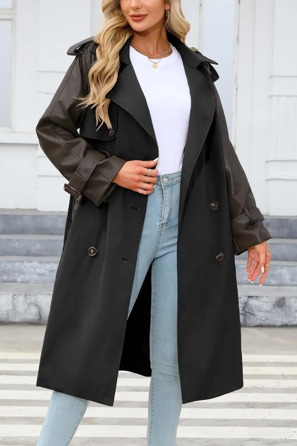 Bellivera Women Trench Coat Long Loose Jacket Faux PU Leather Oversize Classic Lapel Overcoat with Belt