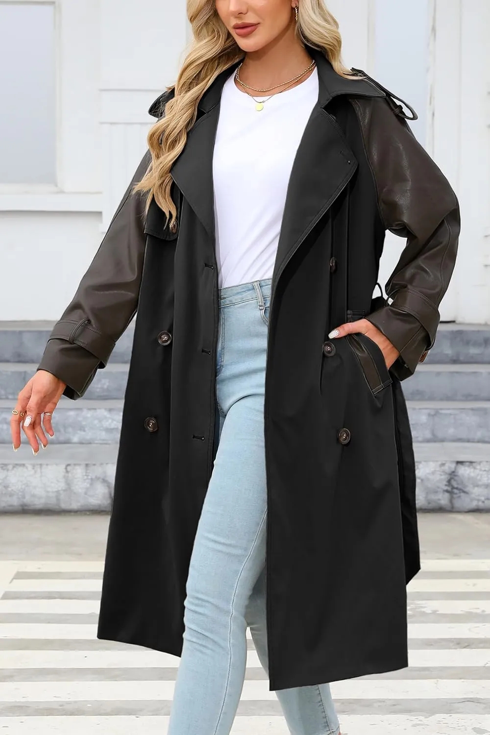 Bellivera Women Trench Coat Long Loose Jacket Faux PU Leather Oversize Classic Lapel Overcoat with Belt