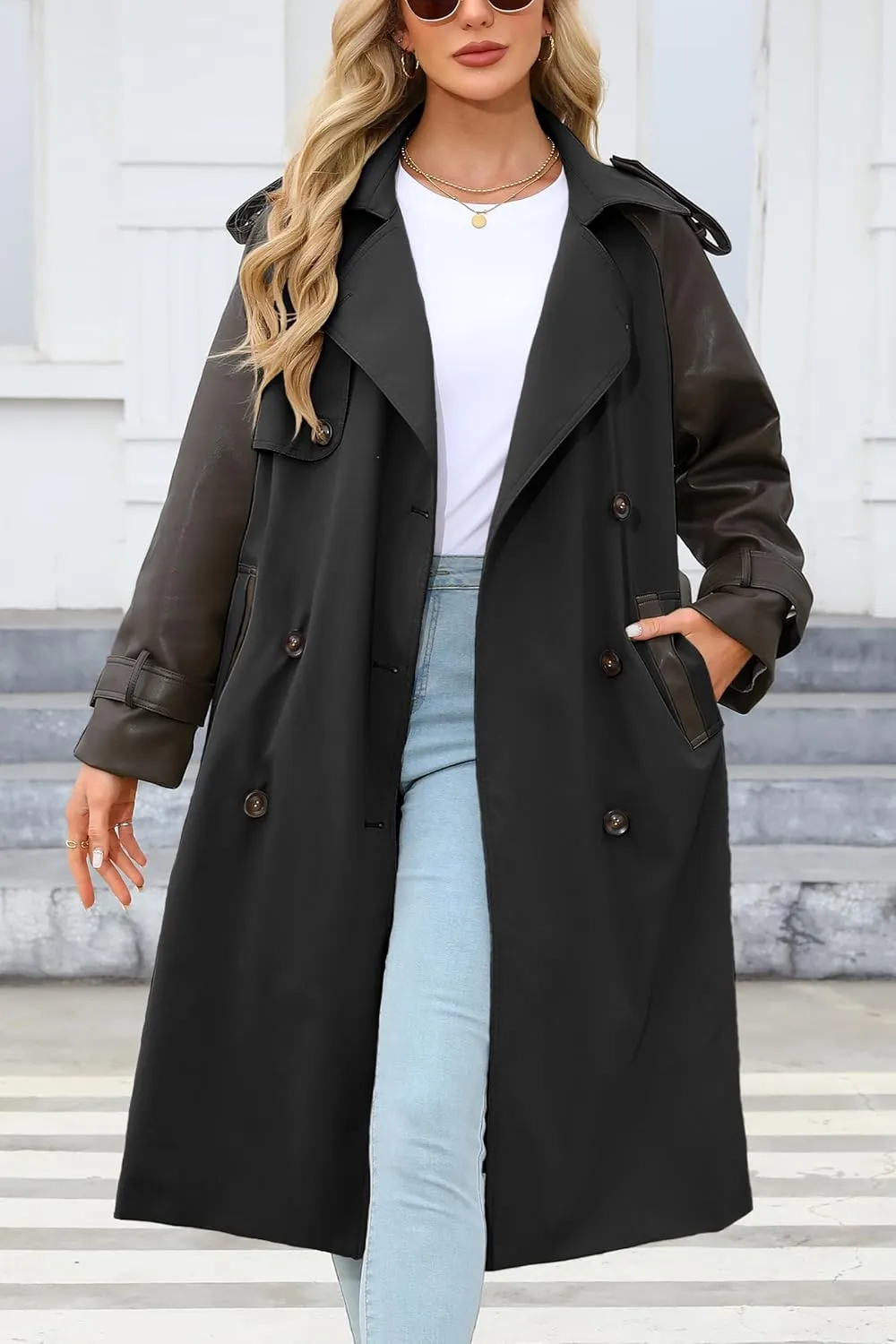 Bellivera Women Trench Coat Long Loose Jacket Faux PU Leather Oversize Classic Lapel Overcoat with Belt