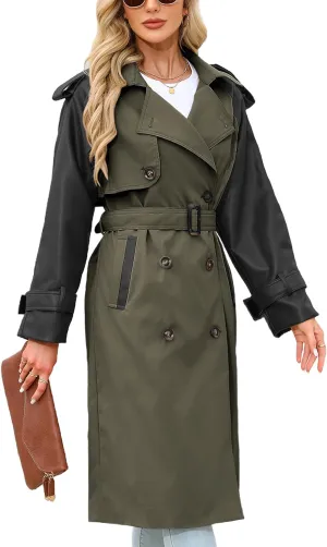 Bellivera Women Trench Coat Long Loose Jacket Faux PU Leather Oversize Classic Lapel Overcoat with Belt