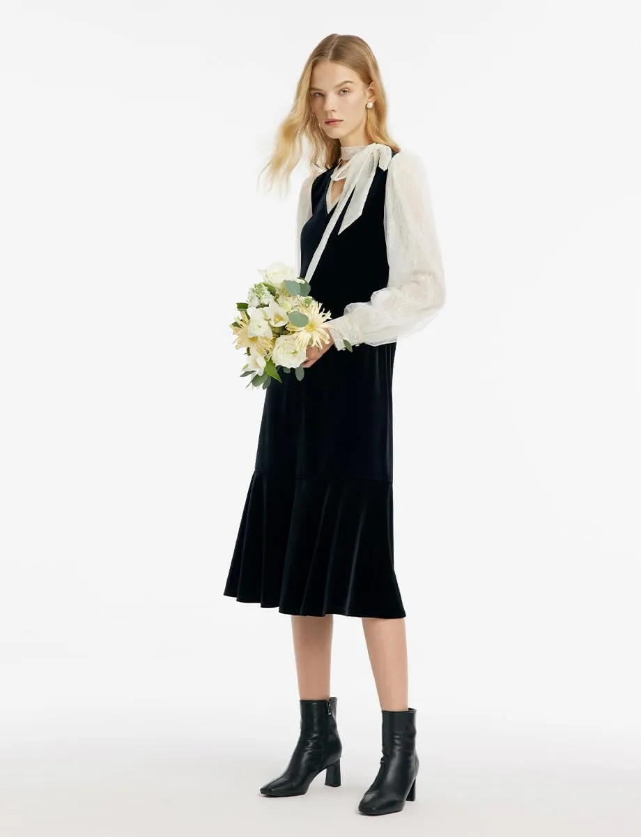 Black Dress for Women Formal Silk or Lace Long Sleeves V Neck Velvet Dresses