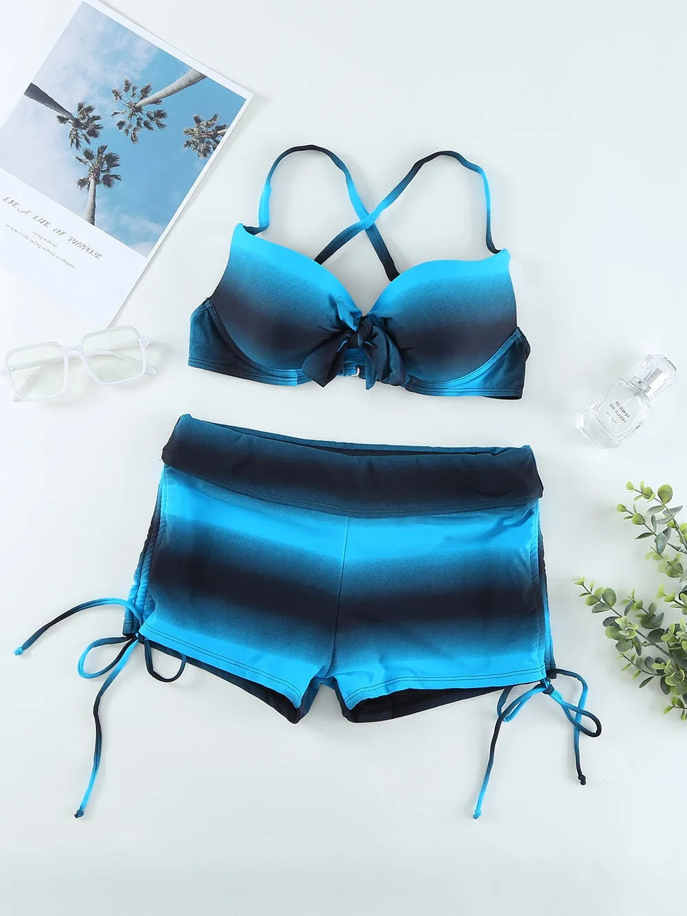 Blue Black Ombre Shading Bikini Set with Boardshort - Summer Beach Duo