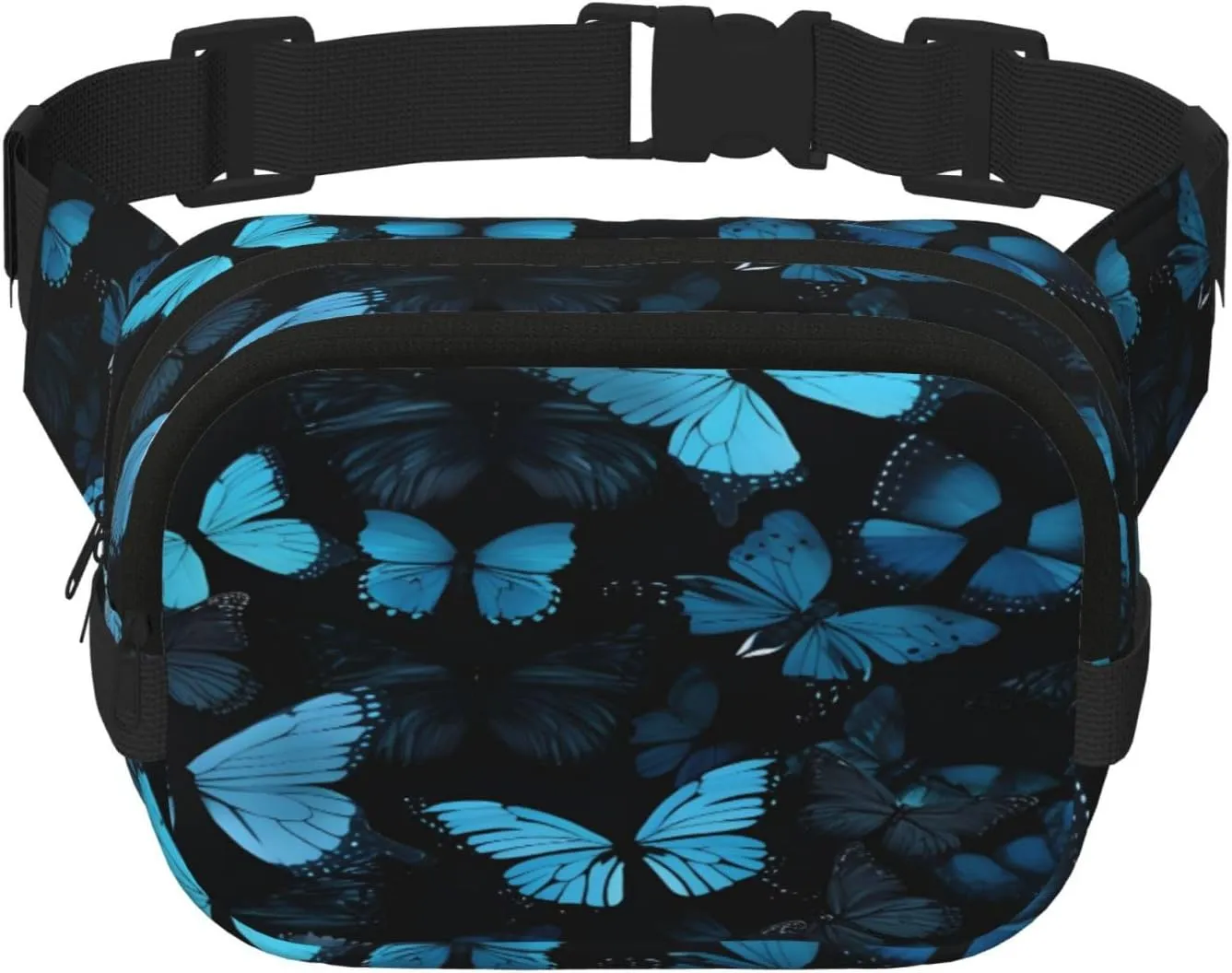 Blue Butterfly Pattern Funny Pack Waist Pack for Women Men, Double Layer Pack for Workout Running Travelling