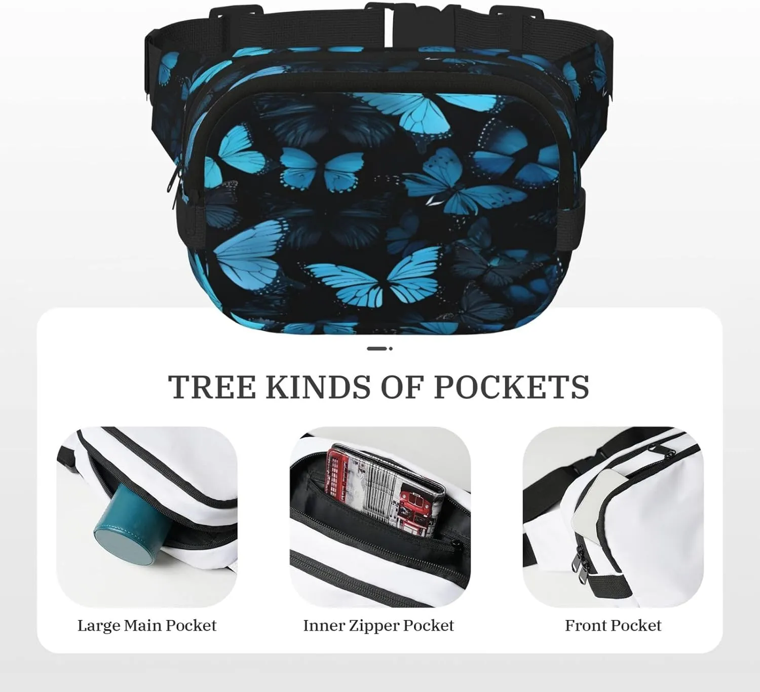 Blue Butterfly Pattern Funny Pack Waist Pack for Women Men, Double Layer Pack for Workout Running Travelling