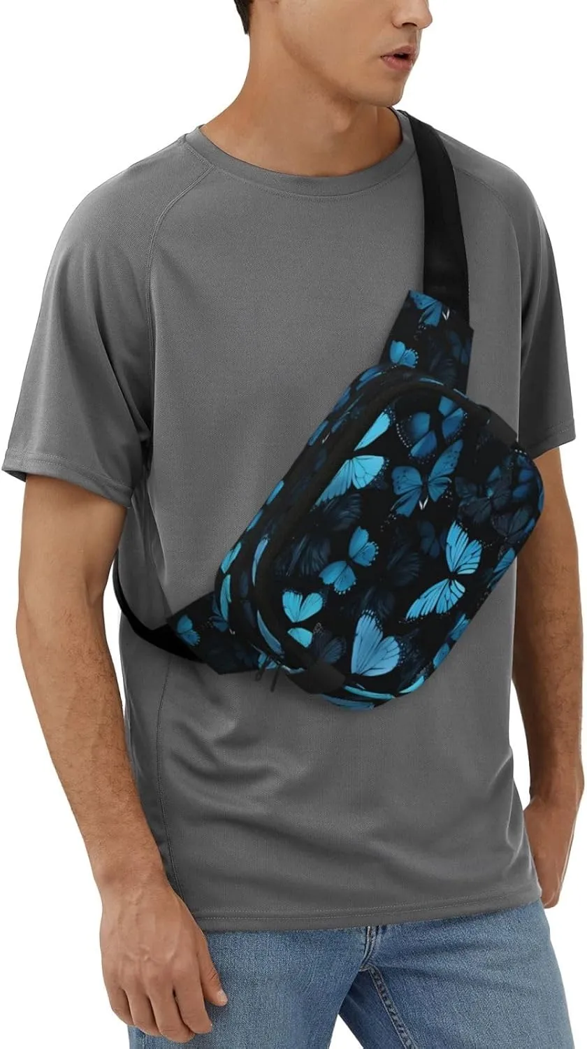 Blue Butterfly Pattern Funny Pack Waist Pack for Women Men, Double Layer Pack for Workout Running Travelling