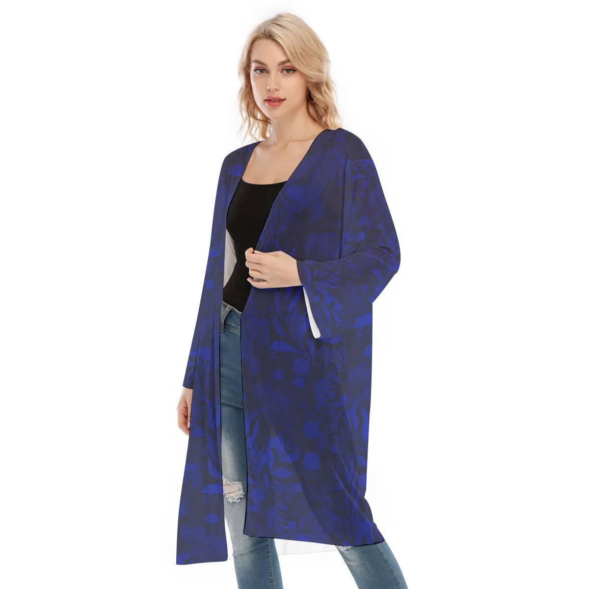 Blue Long Sleeve Mesh Cardigan. Mesh Kimono. Caracas Collection
