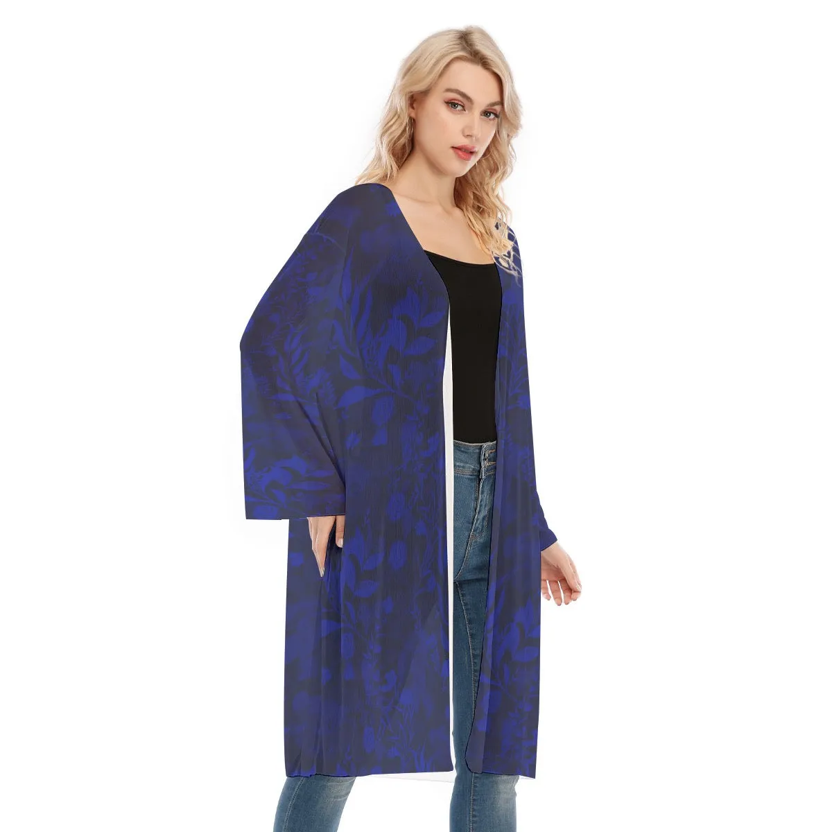 Blue Long Sleeve Mesh Cardigan. Mesh Kimono. Caracas Collection