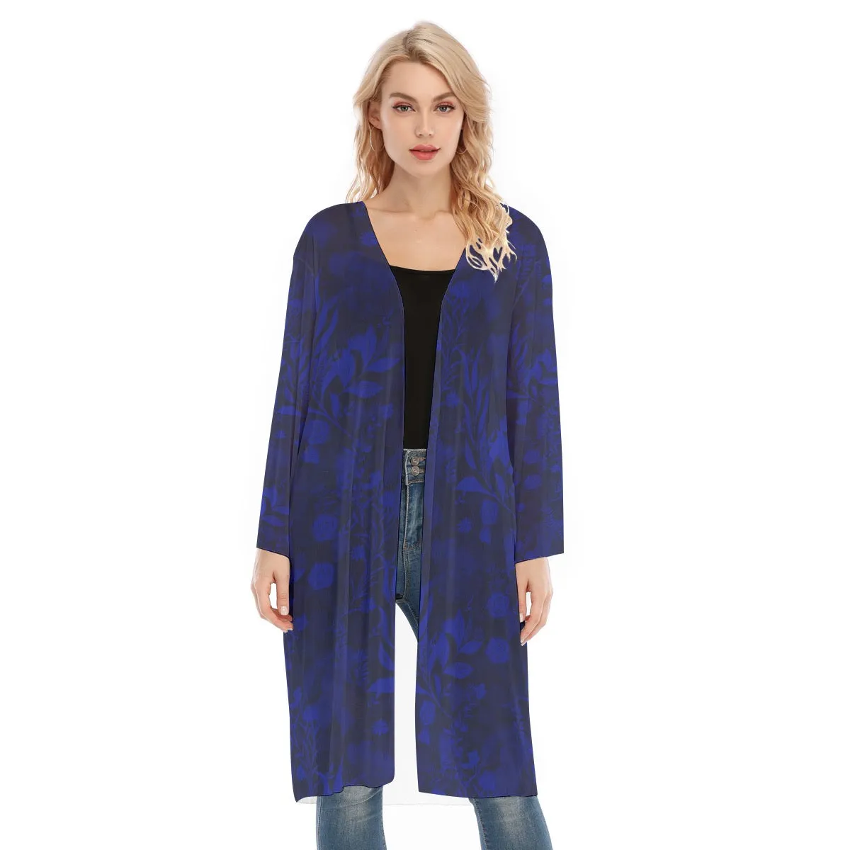 Blue Long Sleeve Mesh Cardigan. Mesh Kimono. Caracas Collection