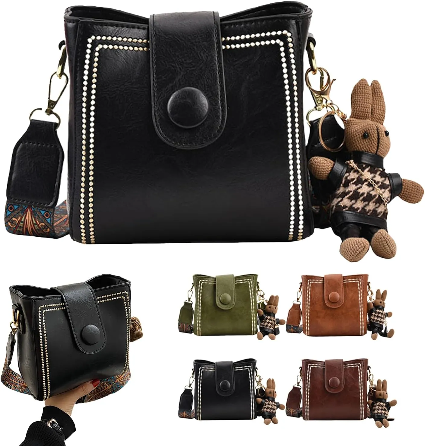 Bootara Bucket Bag, Vintage Fashion Small Water Bucket Bag With Adjustable Shoulder Strap, Cute Rabbit Pendant