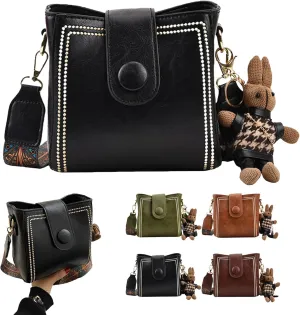 Bootara Bucket Bag, Vintage Fashion Small Water Bucket Bag With Adjustable Shoulder Strap, Cute Rabbit Pendant