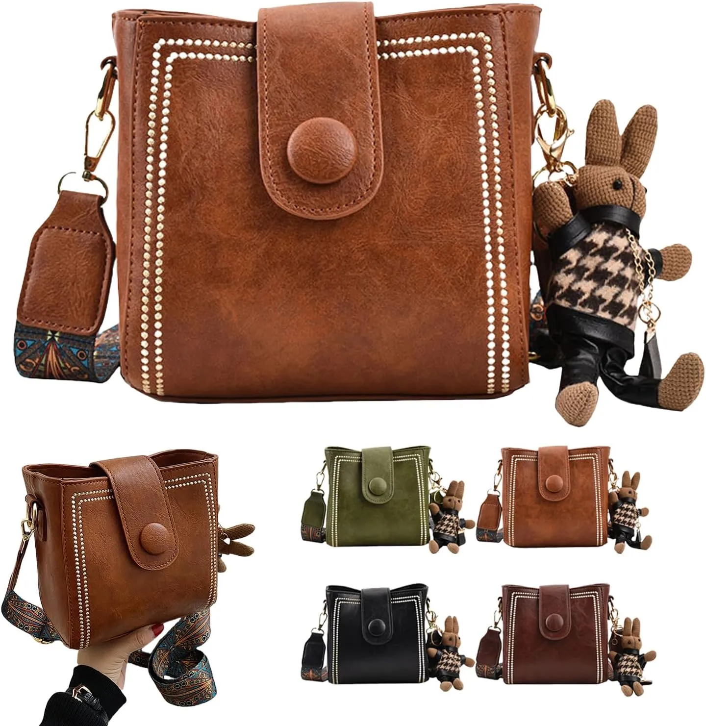 Bootara Bucket Bag, Vintage Fashion Small Water Bucket Bag With Adjustable Shoulder Strap, Cute Rabbit Pendant