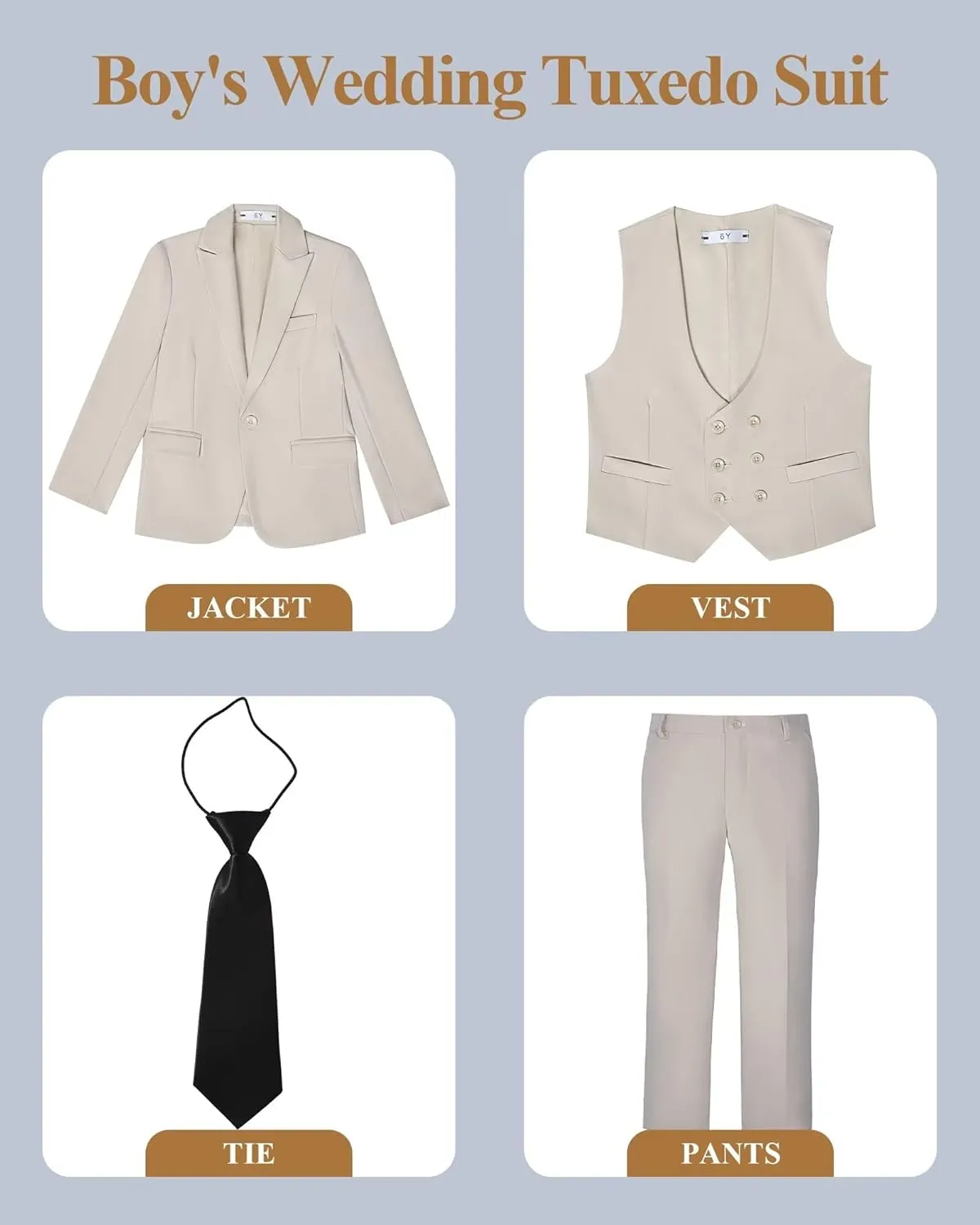 Boys Tuxedo Slim Fit Suit 4 Piece Kids Tuxedo for Boys Wedding Formal Suit Jacket Vest Pants with Tie
