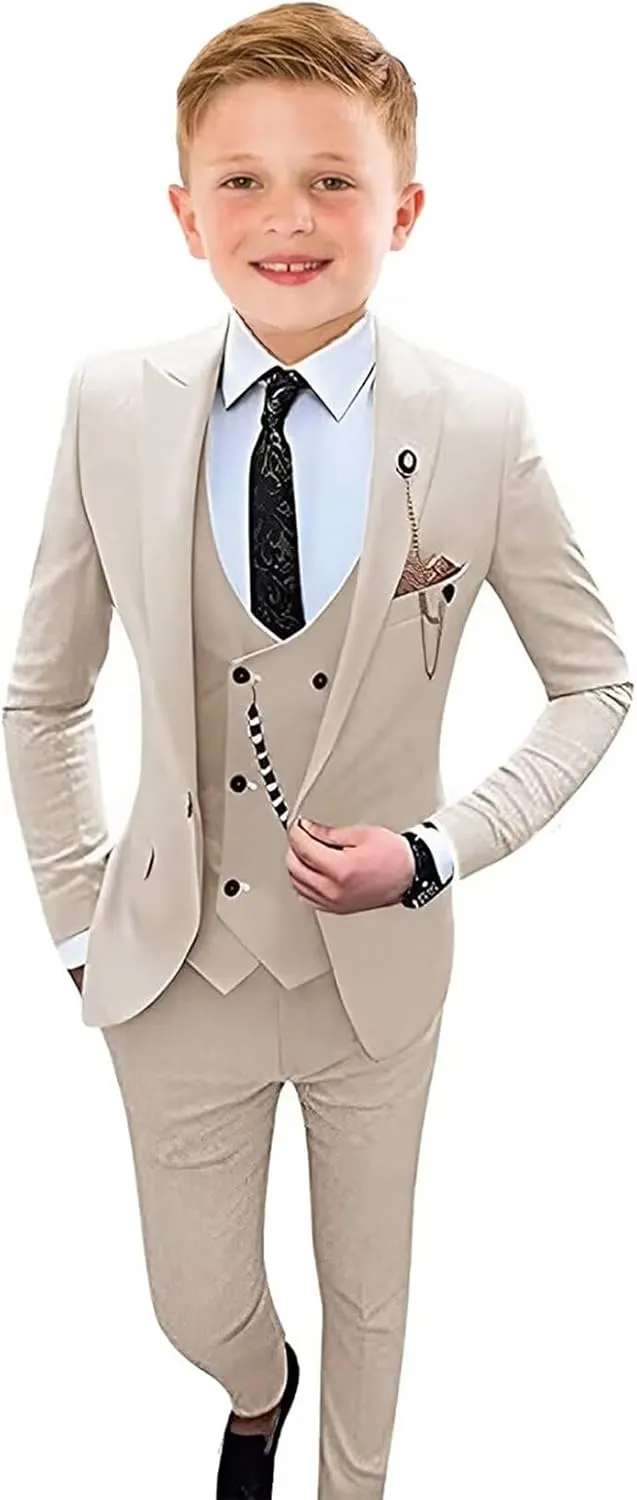Boys Tuxedo Slim Fit Suit 4 Piece Kids Tuxedo for Boys Wedding Formal Suit Jacket Vest Pants with Tie