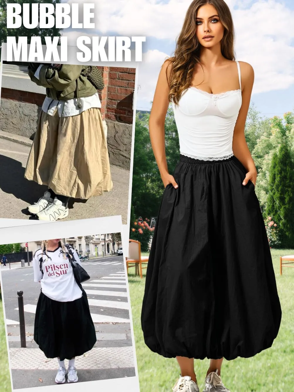 Bubble Midi Skirt with Pockets, Puffy Hem Maxi Long Skirts for Women, Balloon Going Out Concert Outfits