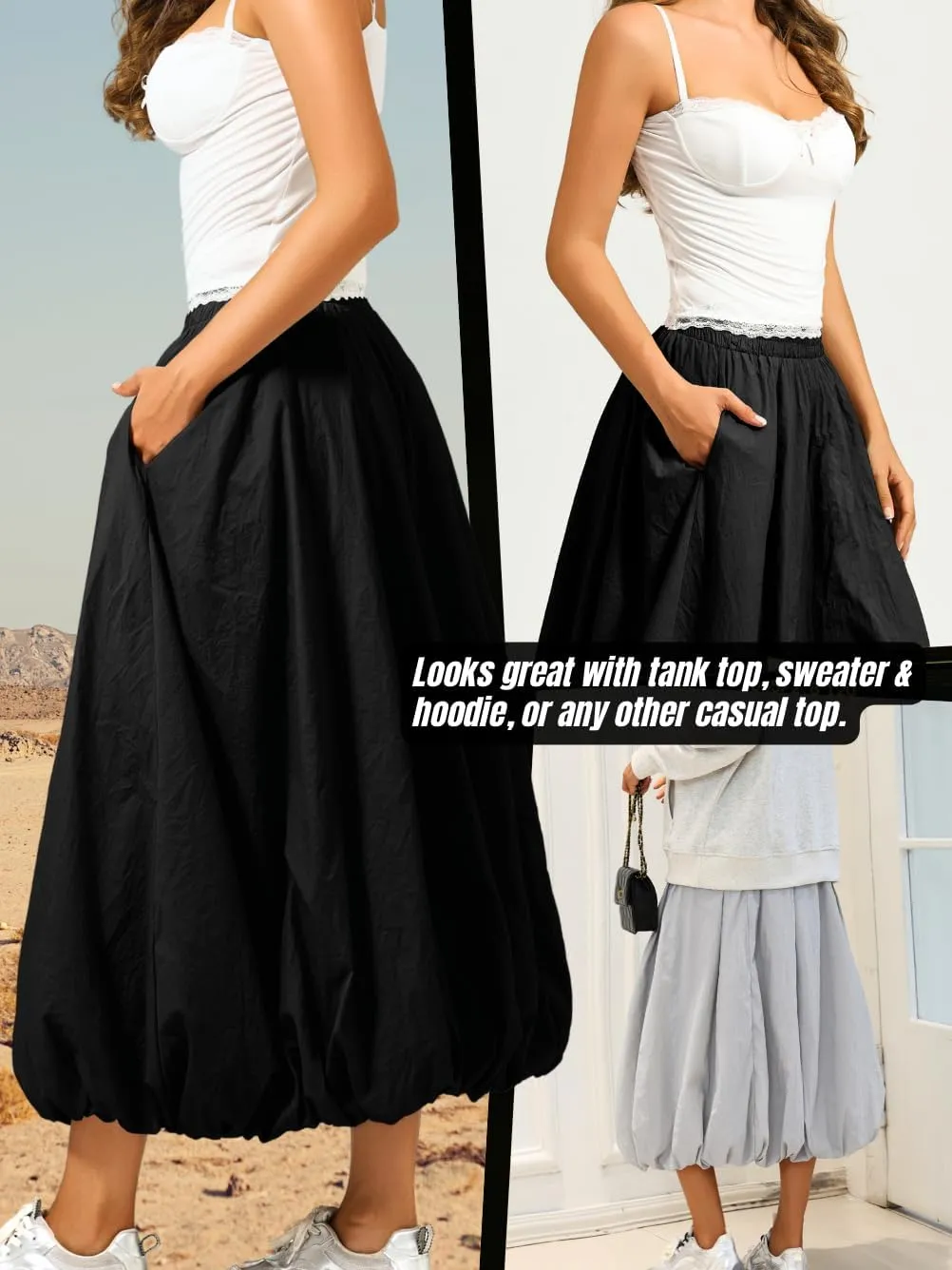 Bubble Midi Skirt with Pockets, Puffy Hem Maxi Long Skirts for Women, Balloon Going Out Concert Outfits