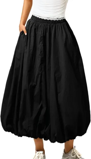 Bubble Midi Skirt with Pockets, Puffy Hem Maxi Long Skirts for Women, Balloon Going Out Concert Outfits