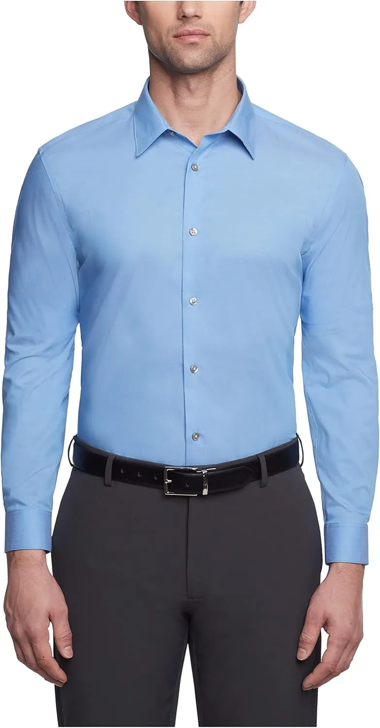 Calvin Klein Men's Slim Fit Non-Iron Herringbone Point Collar Dress Shirt, Mist, 15" Neck 32-33" Sleeve