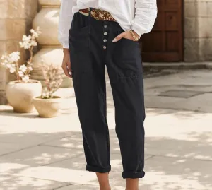 Casual Pants for Women Linen High Elastic Waist Button Capri Pants Loose Baggy Wide Leg Trousers with Pocket