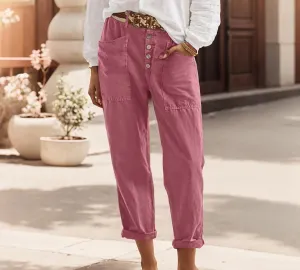 Casual Pants for Women Linen High Elastic Waist Button Capri Pants Loose Baggy Wide Leg Trousers with Pocket