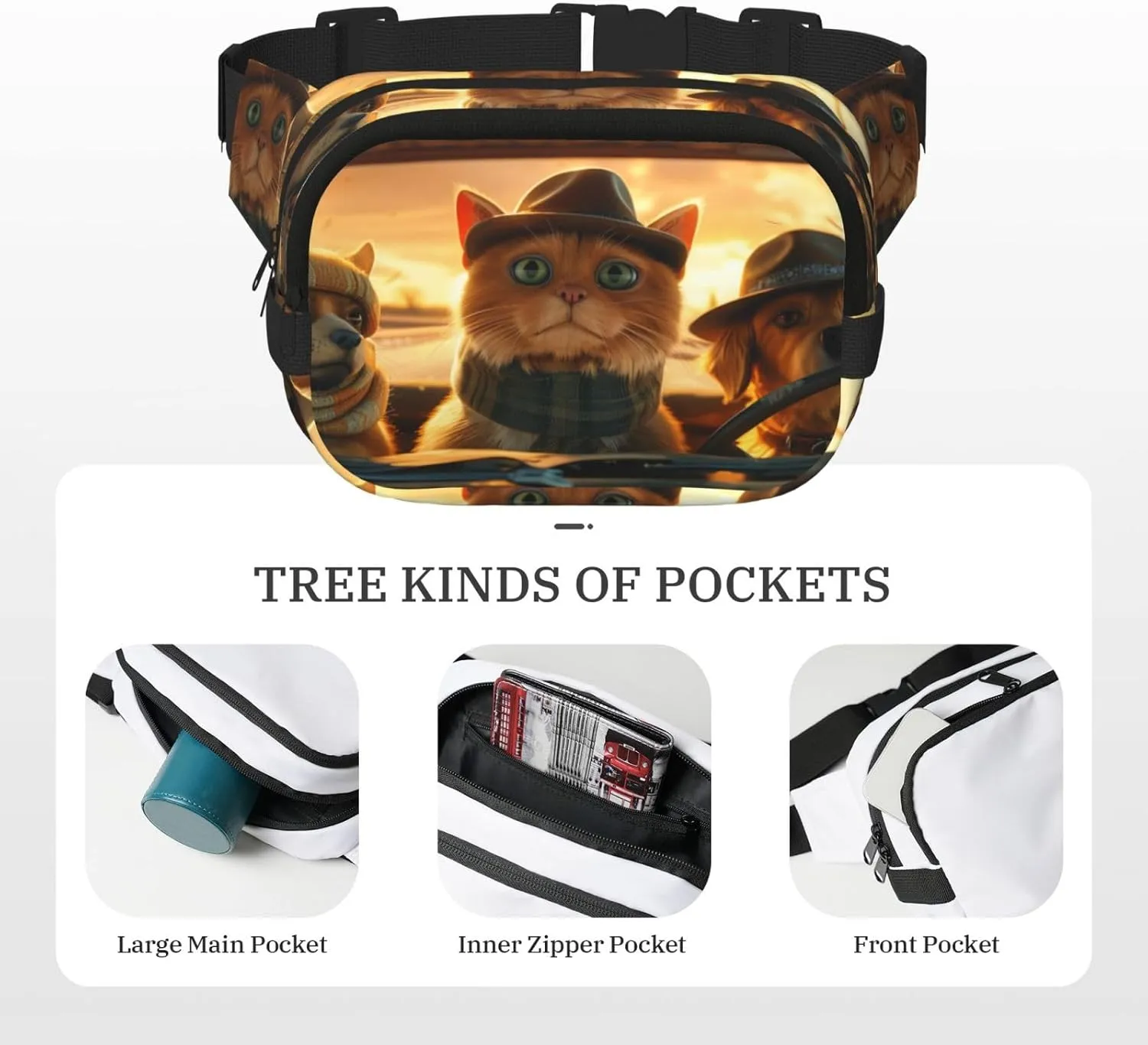 Cats Kitten Design Funny Pack Waist Pack for Women Men, Double Layer Pack for Workout Running Travelling