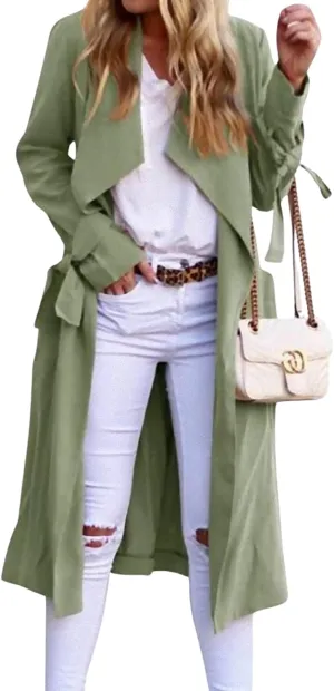 CHARTOU Women Long Trench Coat Lapel Collar Belted Tie Jackets Open Front Cardigan Long Sleeve Casual Overcoat With Pockets