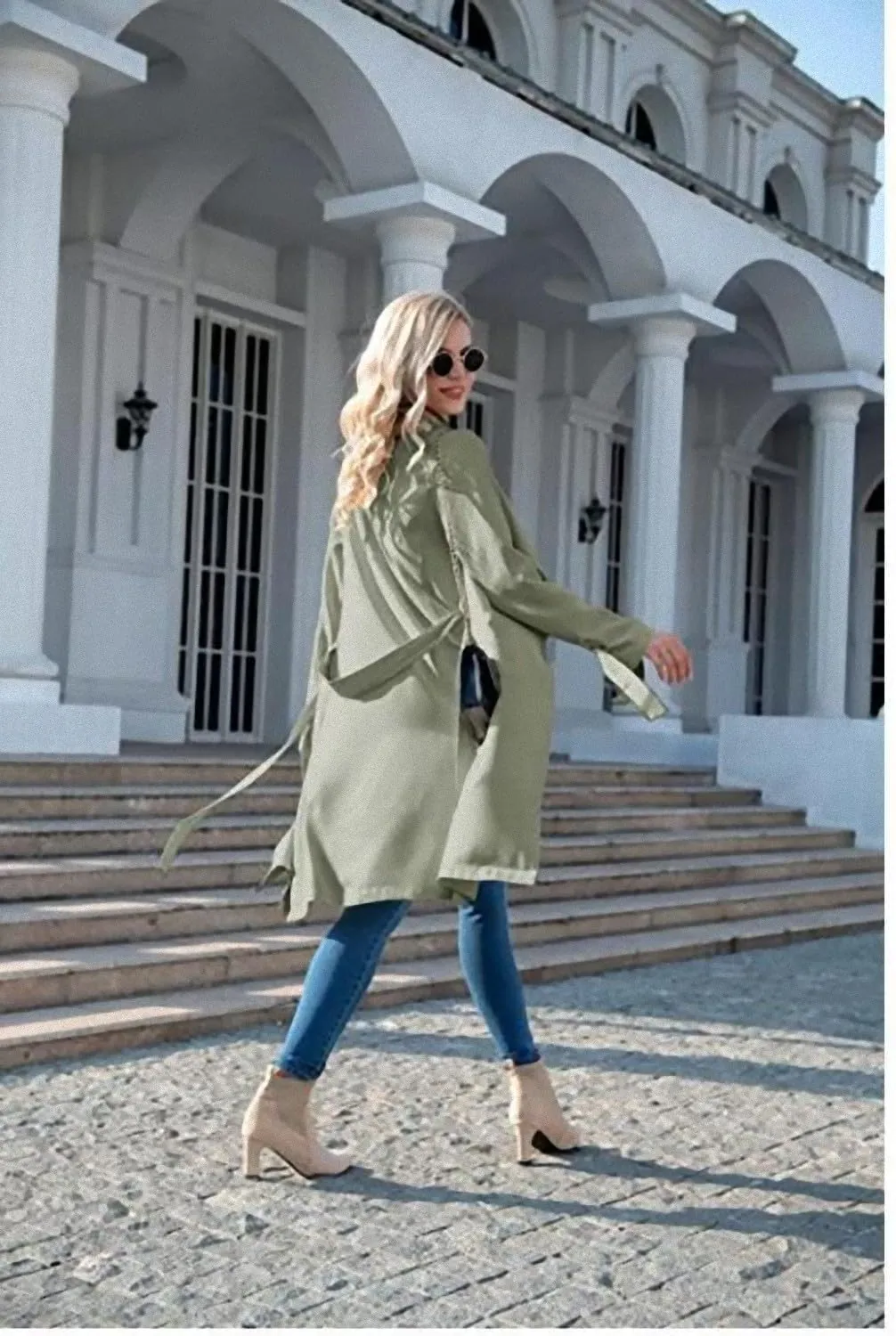 CHARTOU Women Long Trench Coat Lapel Collar Belted Tie Jackets Open Front Cardigan Long Sleeve Casual Overcoat With Pockets